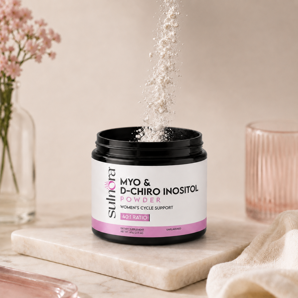 Open jar of Sulnora Myo and D-Chiro Inositol Powder
